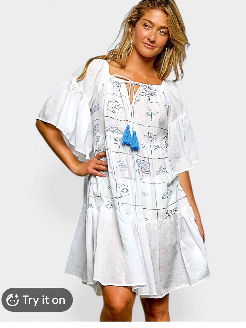 POL White Embroidered  mini dress with Blue Tassels